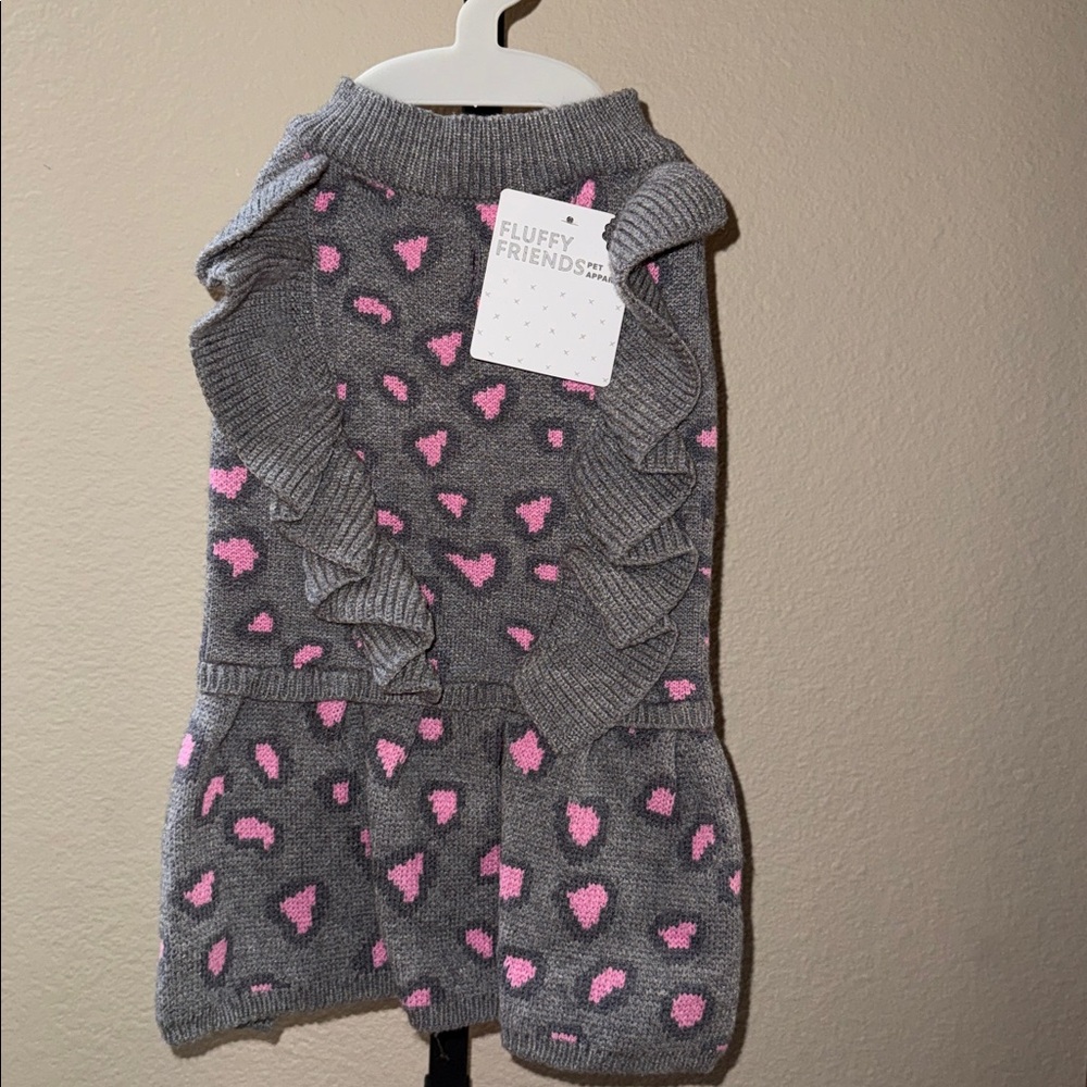 NWT Fluffy Friends Gray With Pink Cheetah Ruffle Print Dog Knit Sweater Size M